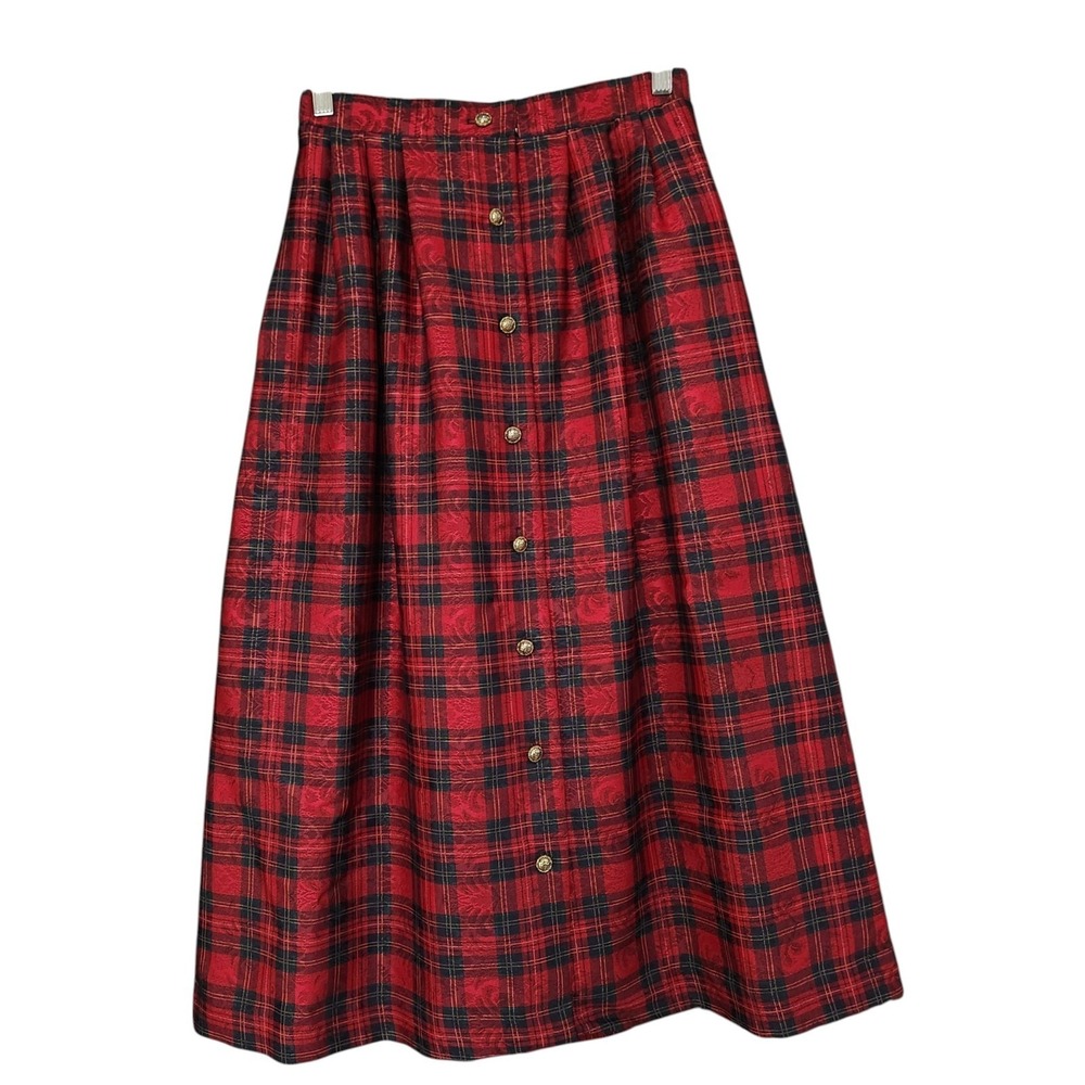 Vintage 80s Red Plaid Midi Pocket Skirt S/M 25" Waist Gold Button Tartan Brocade